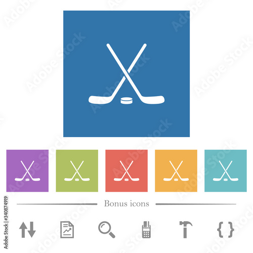 Photography Hockey sticks with puck flat white icons in square backgrounds