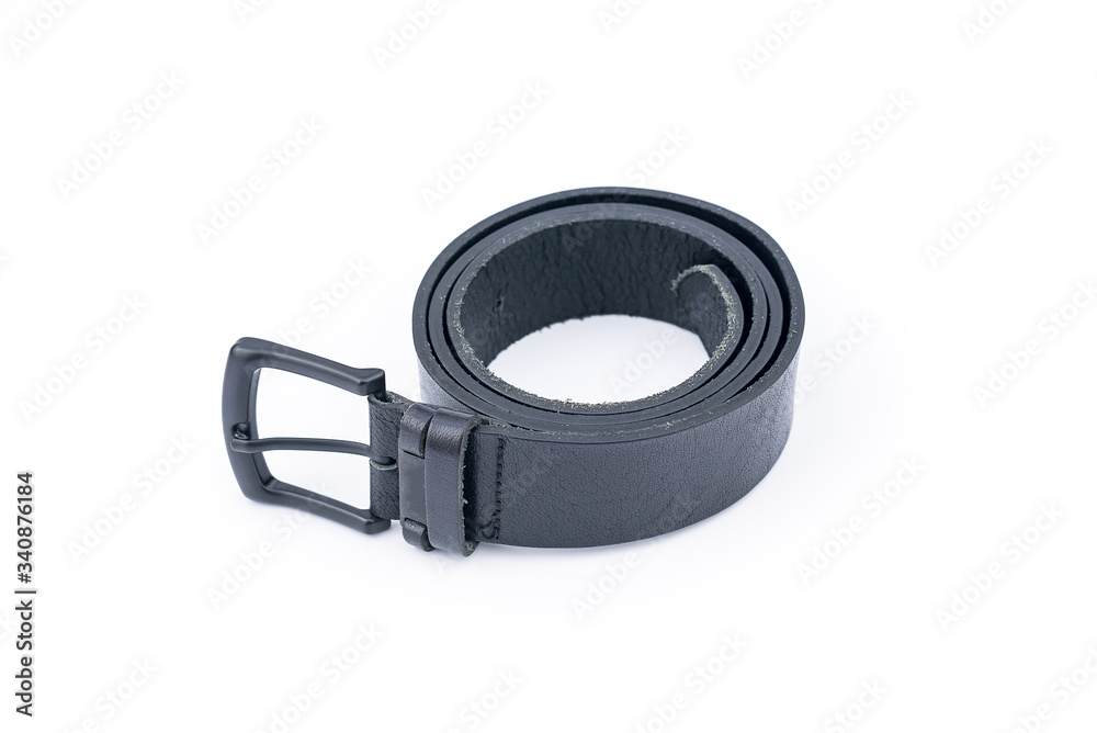 Classic Black Mens Leather Belt with a metal buckle on white background Classic Black Mens Leather Belt with a metal buckle on white background