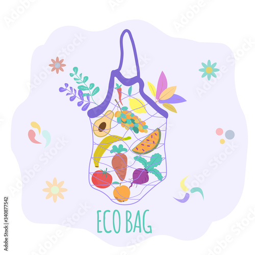 Ecological bag with fruits and vegetables. Fast shipping. Healthy eating concept. No to plastic. Online store. Colorful vector illustration