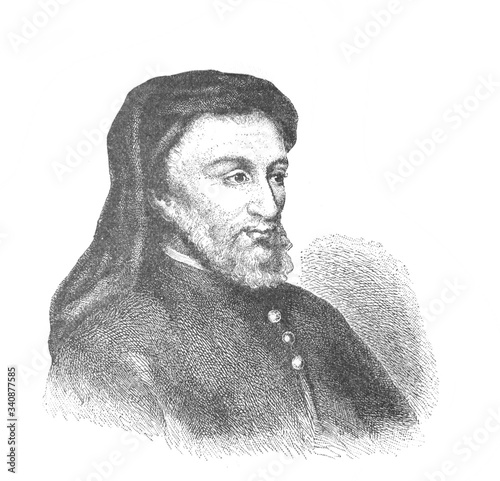The Geoffrey Chaucer's portrait, an English poet and author in the old book the Great Authors, by W. Dalgleish, 1891, London photo