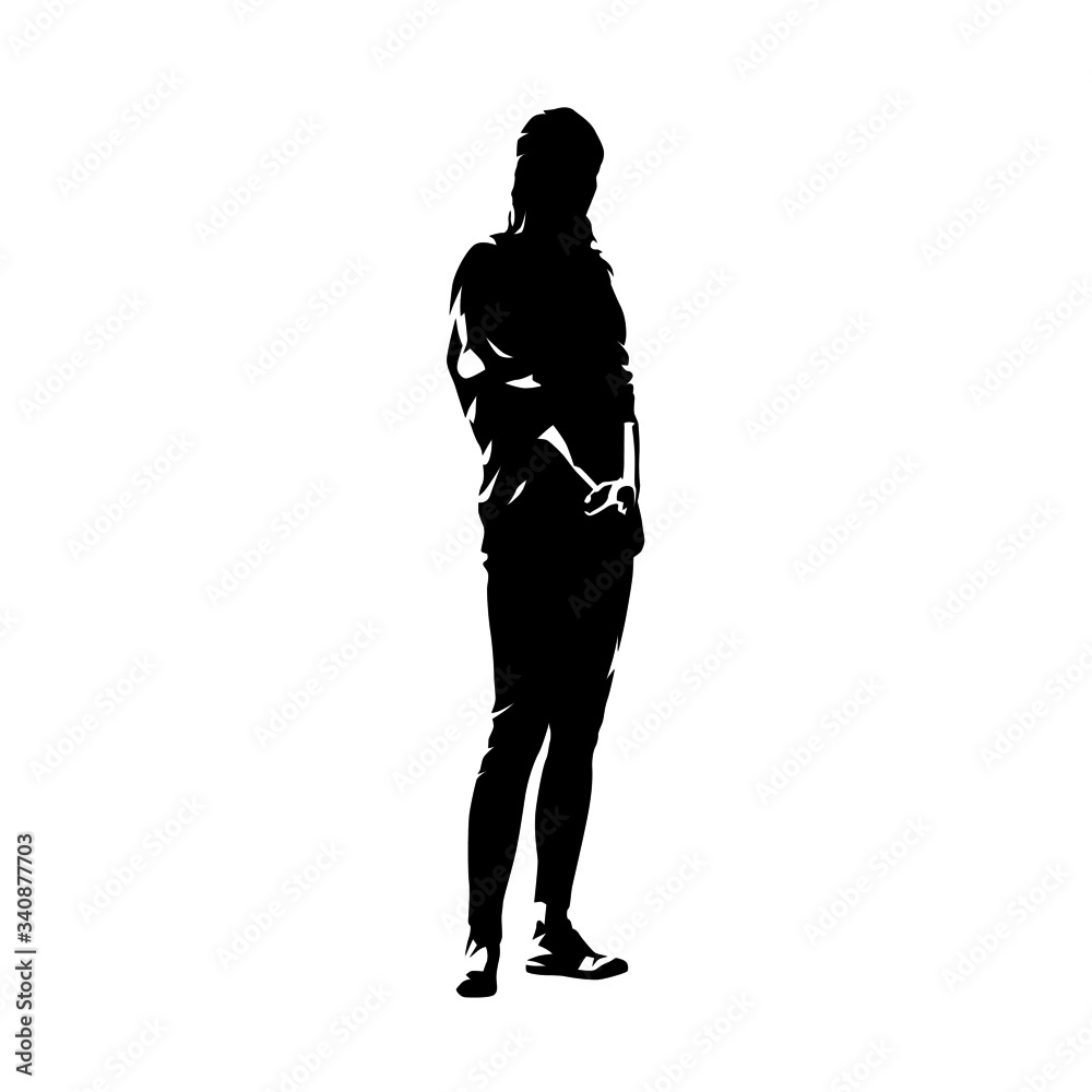 Young schooler girl standing with arm in arm, ink drawing isolated vector silhouette