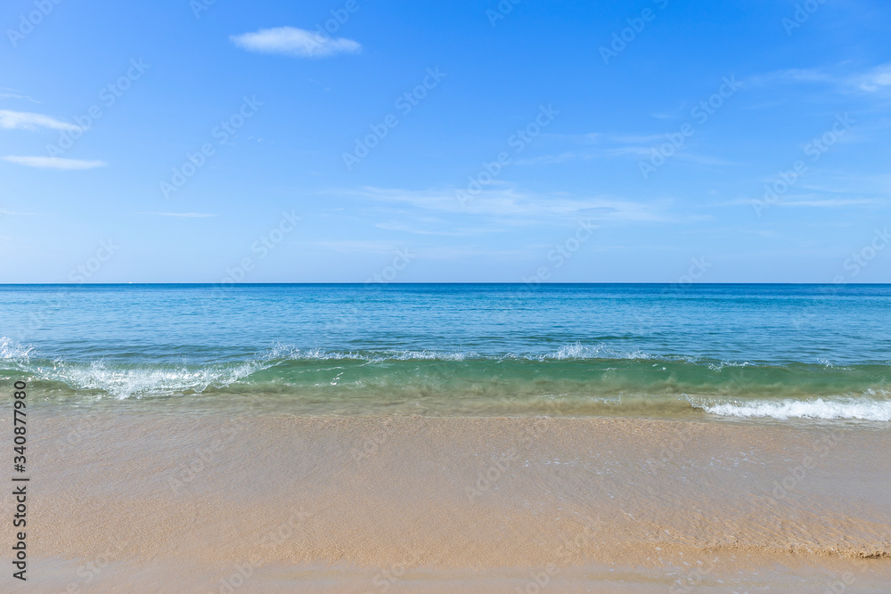 Beautiful beach on Phuket island in South of Thailand, empty and peaceful beach, summer outdoor day light, clean beach and clear blue sky, nature background
