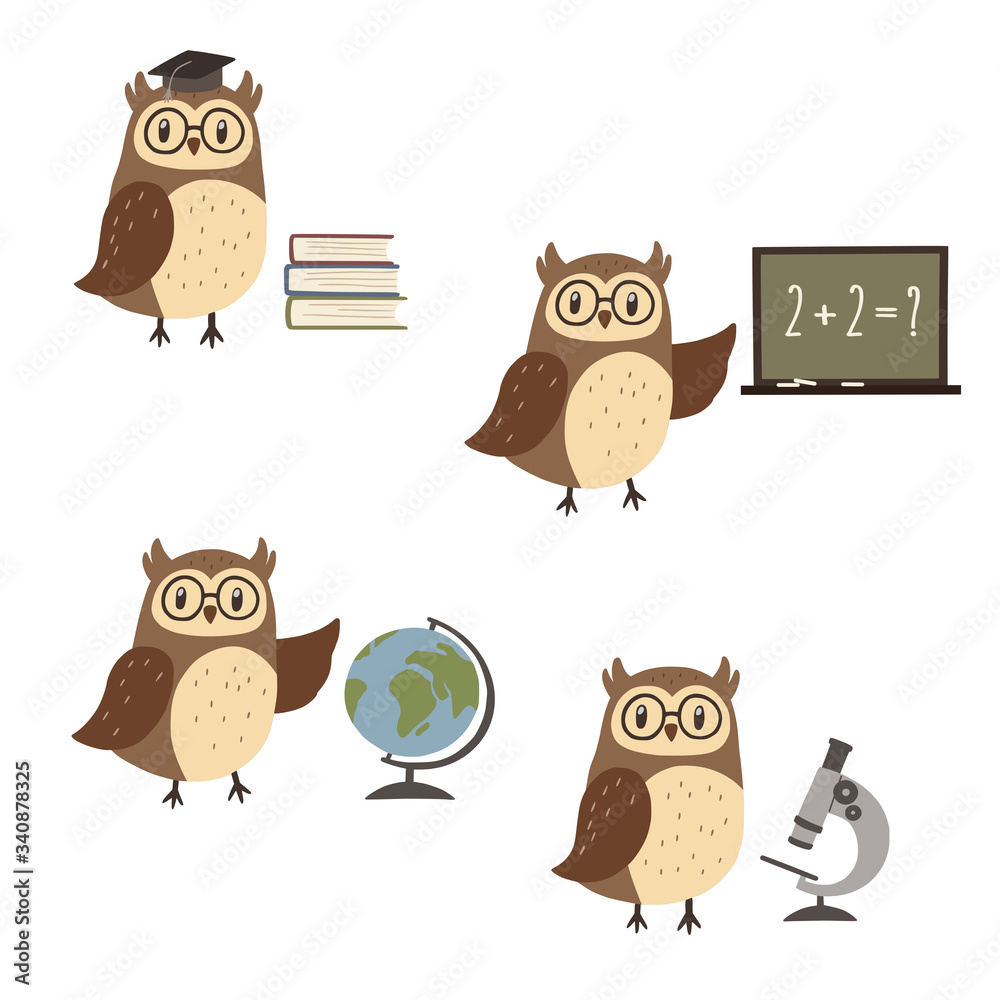 Fototapeta premium Set of cute wise owls with school elements. Vector illustration.