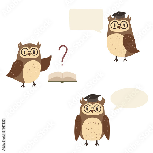 Set of cute wise owls. Vector illustration.
