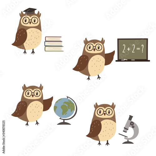Set of cute wise owls with school elements. Vector illustration.