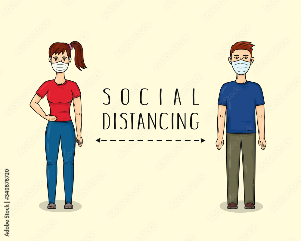Social distancing. Man and woman keep a distance in public society Social distancing. Man and woman keep a distance in public society