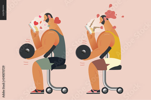 Weight lifting design template -World Book Day graphics -book week events. Modern flat vector concept illustrations of reading people -a brunette man lifting a dumbbell, reading a book