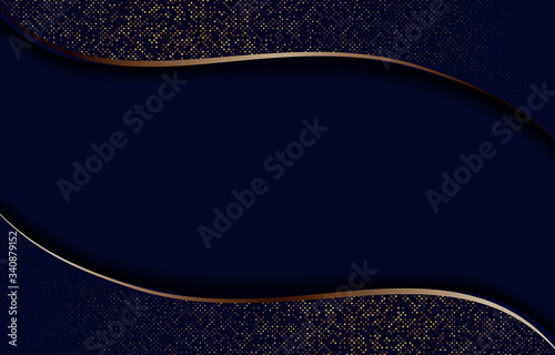 Dark blue abstract curve illustration with golden glitter halftone background
