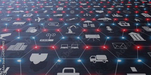 Concept of Industry 4.0. Automation, the flow of the icons, data exchange technology in production. Internet of things (IoT) networking concept for connected devices. Spider web of network connections
