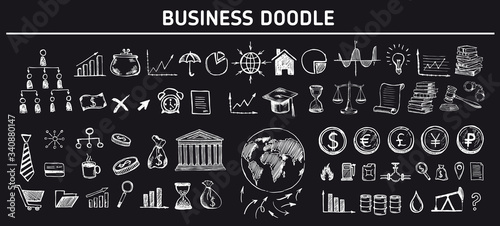 Hand drawn business symbols. Management concept with Doodle design style.