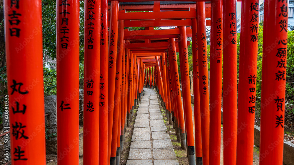 wooden pillars of so called Torii path in Shinto Hie Shrine