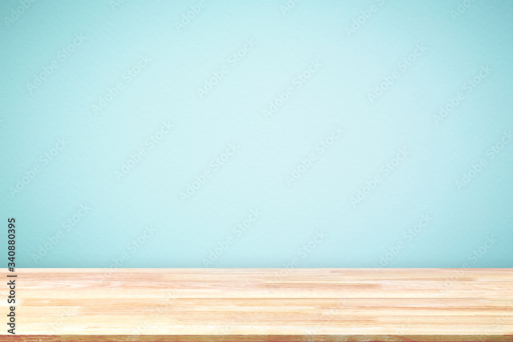 Abstract Natural wood table texture on blue background : Top view of plank wood for graphic stand product, interior design or montage display your product
