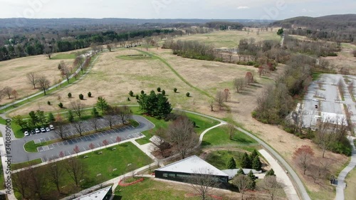 Valley Forge encampment Army soldier site during American Revolutionary War under George Washington, meadows, fields during winter, high aerial drone view photo