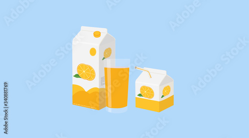 Vector Illustration of an Orange Juice Box with a Smaller Orange Juice Box and a Glass of Orange Juice