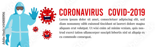 Banner for design with place for text. A man in a protective suit against a viral infection. Protective measures during an epidemic. Flat vector illustration