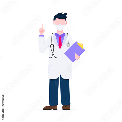 Doctor standing and hold clipboard and stethoscope with index finger flat style design vector illustration isolated on white background. Medical center hospital employee.