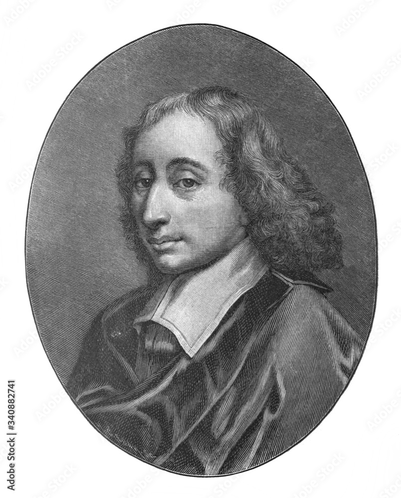 The Blaise Pascal's portrait, a French mathematician, physicist, inventor in the old book The Blaise Pascal's life, by M. Filippova, 1891, St. Petersburg - obrazy, fototapety, plakaty 