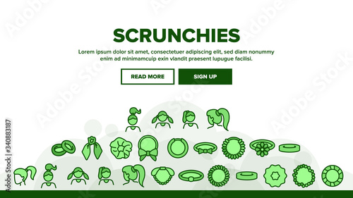 Hair Scrunchies Bands Landing Web Page Header Banner Template Vector. Hair Scrunches Headband Fabric Elastic Accessory Decorated Bow And Flower Illustrations