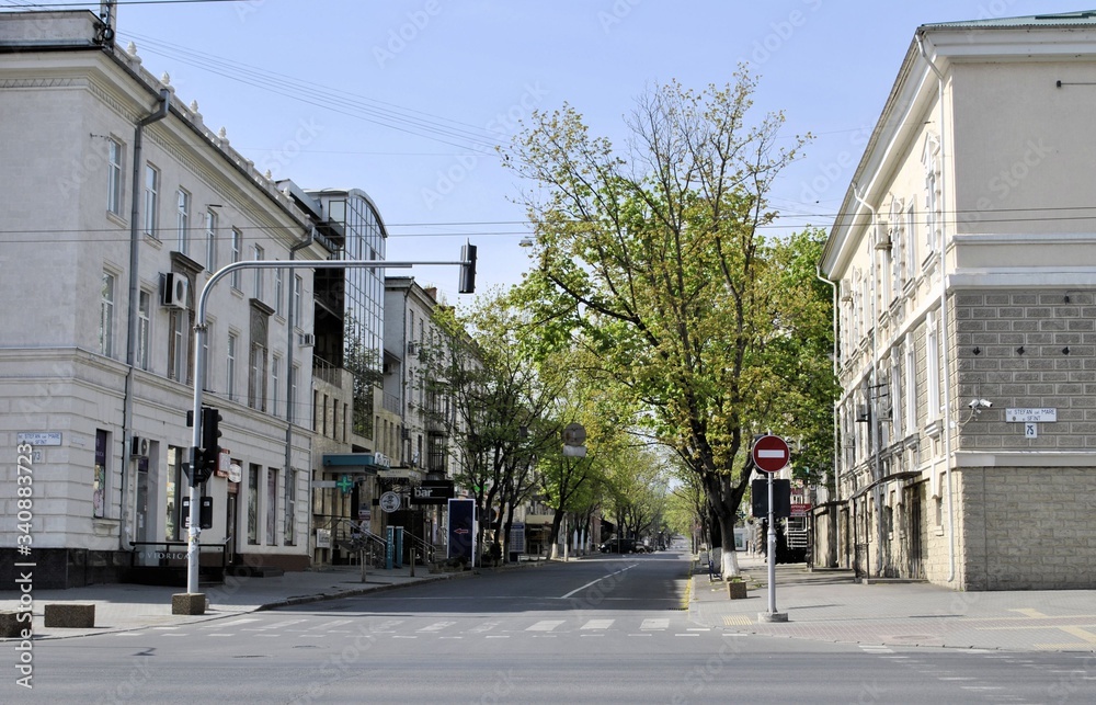 Chisinau city Moldova blooming spring blue sky empty street virus stay home background