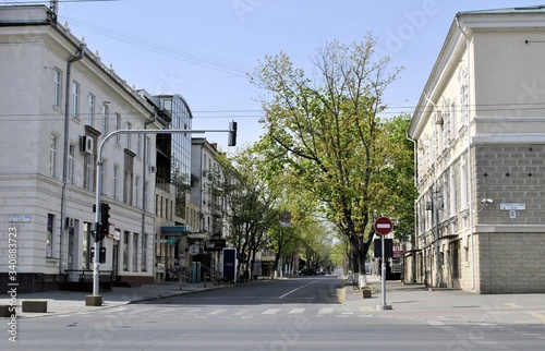 Chisinau city Moldova blooming spring blue sky empty street virus stay home background © Ruslan