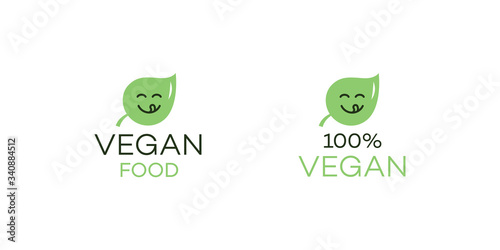 Vegan food symbol with green leaf and emoji symbol. Flat design, easy to use for your brand or product.