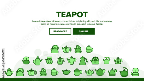Teapot Kitchen Utensil Landing Web Page Header Banner Template Vector. Teapot Tool For Boiling Tool, Tea And Coffee Maker Household Device In Different Form Illustrations