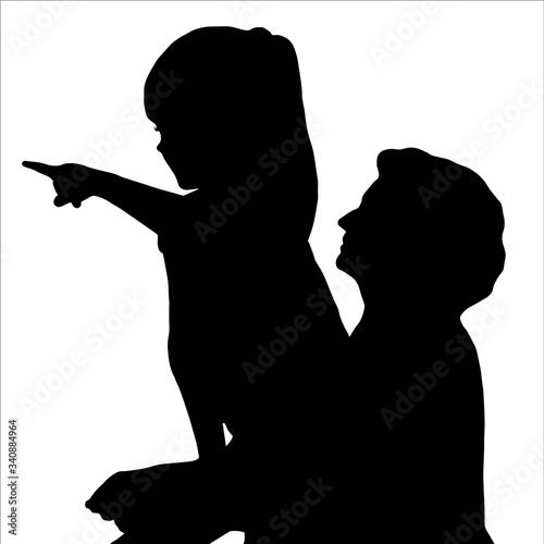 Vector silhouette of a little girl and woman standing together. Girl pointing a finger into the distance, isolated on white background
Concept of children's dreams and fantasies.