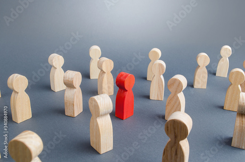 Red person in a crowd of people. Complexity/difficulty of determining/defining of infected person. High risk to spread disease viruses. Violations of self-isolation and disastrous consequences.
