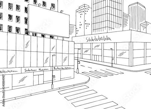 Street billboard graphic black white city landscape sketch illustration vector