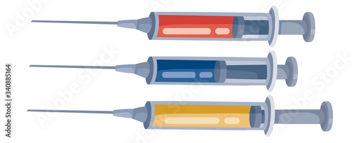 set of three syringes with a liquid stick of different colors and with different liquid levels inside, isolated object on a white background, vector illustration,
