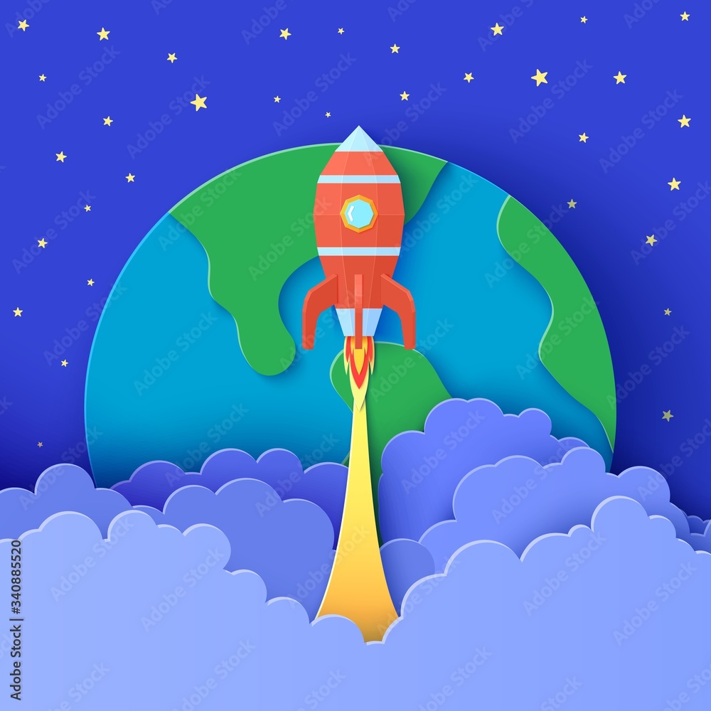 Red rocket launch in space in paper cut style. Galaxy universe ...