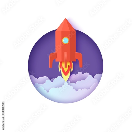 Red rocket launch in space in paper cut style. Round white frame with get start polygonal spaceship. Vector 3d kids background with fire and cloud sky. Startup business concept for motivation poster.