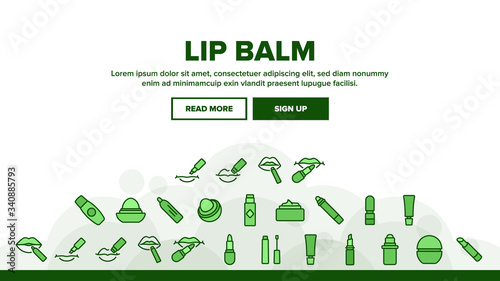 Lip Balm Cosmetic Landing Web Page Header Banner Template Vector. Lip Balm Package And Containers, Tube And Lipstick Fashion Beauty Accessory Illustrations