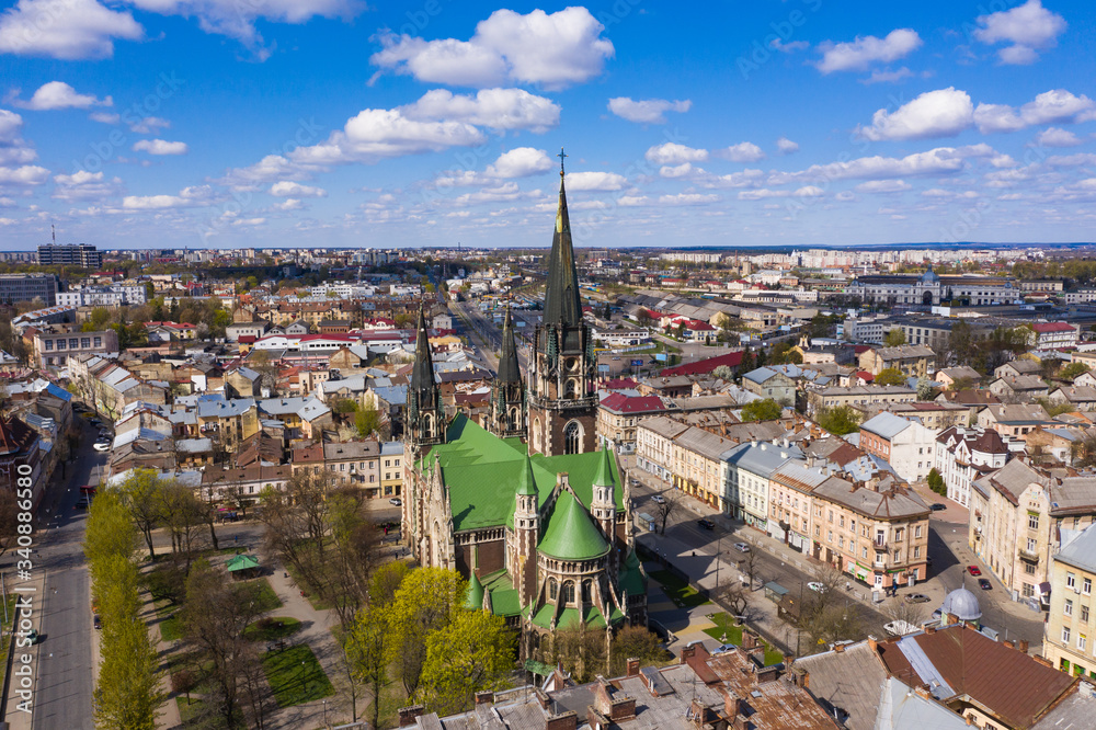 Aerial veiw on Elizabeth church in Lviv, Ukraine from drone. 