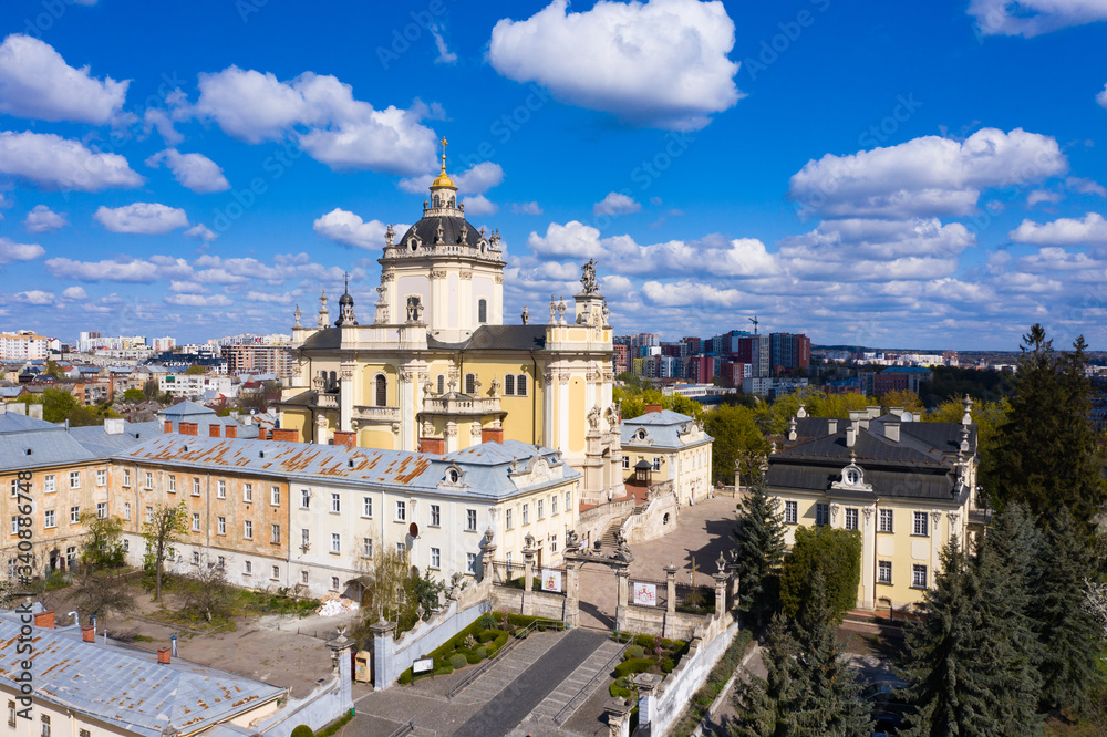 Aerial view on St. George's Cathedral in Lviv, Ukraine from drone