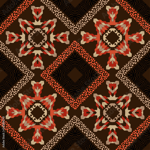 Design with Zebra stripes, Leopard spots and Aztec elements. Ethnic boho ornament. Seamless background. Tribal motif. Vector illustration for web design or print.