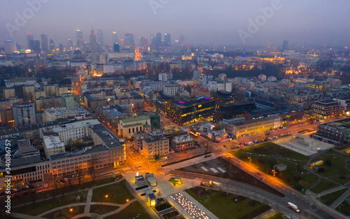 Aerial view of Warsaw at twilight