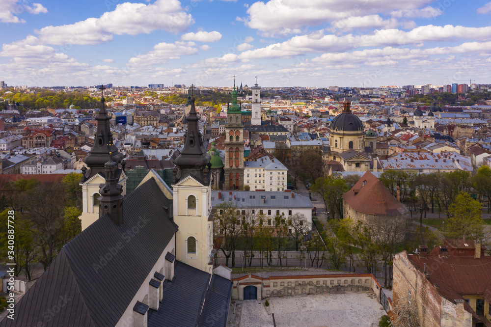Aerial view on Carmelite Church ( Michael the Archangel church) in Lviv, Ukraine from drone