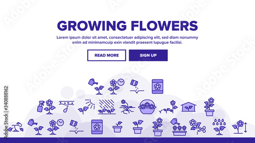 Growing Flowers Plants Landing Web Page Header Banner Template Vector. Growing Flowers In Greenhouse And Pot, Planting, Cultivating And Harvest Illustrations