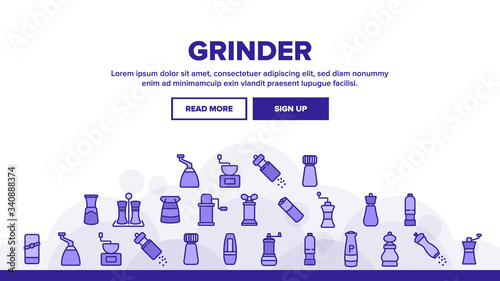 Grinder Pepper Salt Landing Web Page Header Banner Template Vector. Coffee Grinder Tool, Kitchen Utensil Or Restaurant Equipment For Spice, Flavor Kitchenware Illustrations