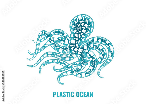 Plastic trash planet pollution concept vector illustration. Octopus marine mollusc outline filled with plastic trash flat icons. Single use plastic ecology crisis, marine animal life damage banner.