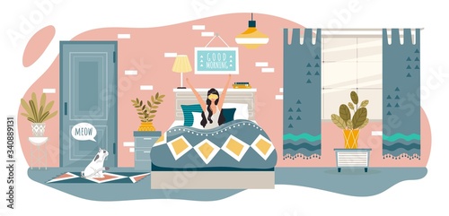 Good morning in bedroom happy woman wake up in bed at home after sleep, people healthy rest and lifestyle vector flat cartoon illustration. Hygge bedroom and girl character waking, cat.
