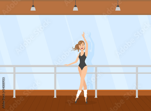 Graceful Ballerina Dancer in Black Leotard Doing Exercises at Barre in Dance Hall Vector Illustration
