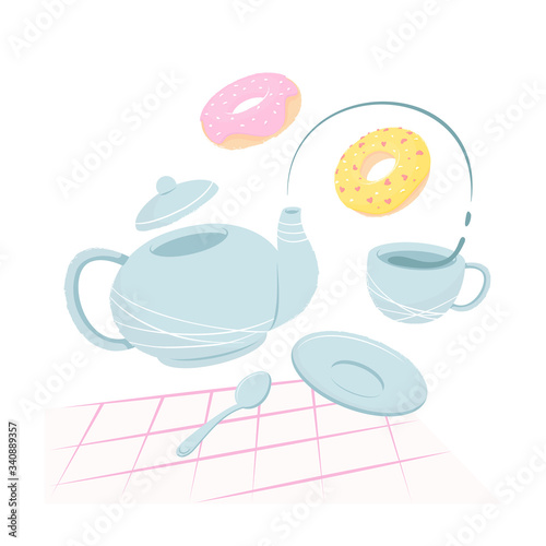 Tea party with colored donuts isolated on white background
