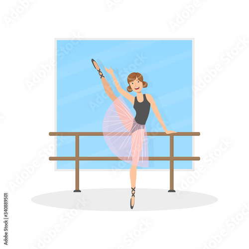 Graceful Ballerina Dancer Doing Exercises at Barre in Dance Hall Vector Illustration