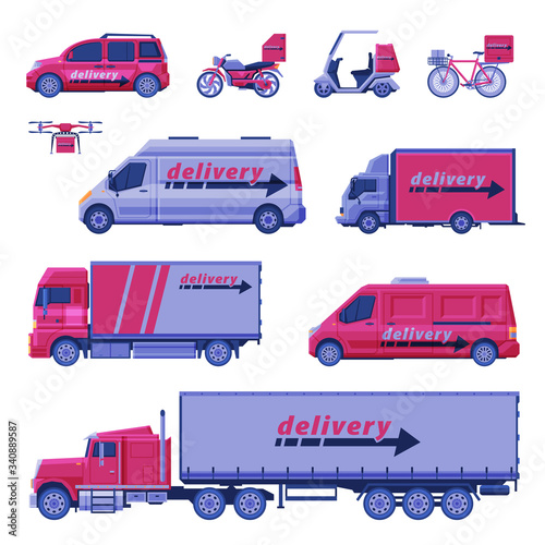 Delivery Vehicles Collection, Express Delivery Service, Cargo Shipping Transportation Flat Vector Illustration