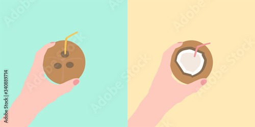 Flat arm with coconut, great design for any purposes vector illustration. Graphic element. Healthy vegan food concept. Tropical pattern.