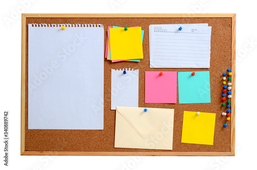 Blank notes pinned into brown corkboard photo
