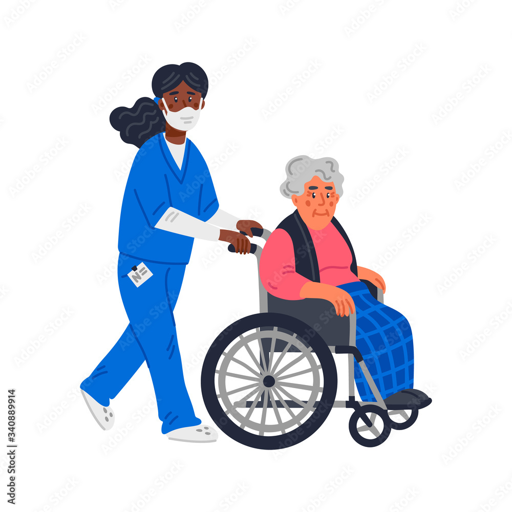 Senior patient. An elderly woman in a wheelchair and african american nurse in a face mask on a white background. Senior people protection, stay safe concept. Simple flat vector illustration. Senior patient. An elderly woman in a wheelchair and african american nurse in a face mask on a white background. Senior people protection, stay safe concept. Simple flat vector illustration.