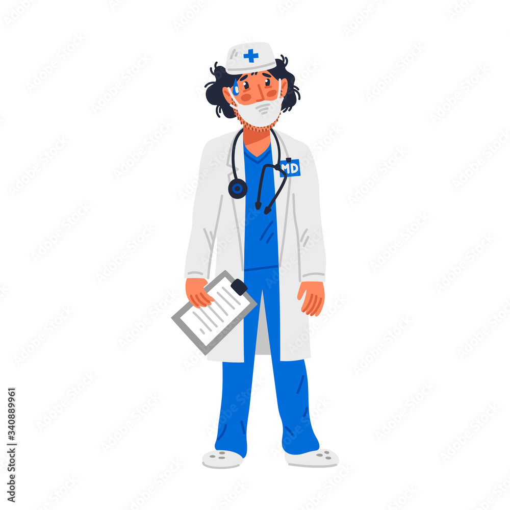 Doctor. Tired doctor in medical face mask with medical chart. Medical team in conditions of coronavirus pandemic, covd-19 quarantine. Simple flat style vector illustration. Doctor. Tired doctor in medical face mask with medical chart. Medical team in conditions of coronavirus pandemic, covd-19 quarantine. Simple flat style vector illustration.